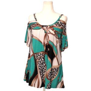 Basix of America Don't Miss Out Blouse Cold Shoulder Rhinestones Top Womens Size